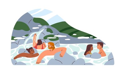 Happy people relaxing and bathing in hot springs of natural public SPA resort. Human health recreation park with thermal waters in nature. Flat vector illustration isolated on white background