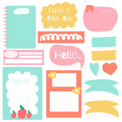 Sticky note set. Cute paper notes. Stationary set. Scrapbook notes and cards.Printable planner stickers. To Do List note. Template for your message. Decorative planning element. Vector illustration.