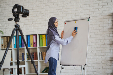 Muslim teacher cleaning the whiteboard while making a video