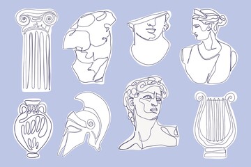 Ancient greek statues. Hand drawn one line antique sculptures, mythology characters knight amphora column. Vector art