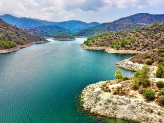 Fototapeta premium Aerial bird's eye drone view of water Lefkara reservoir river lake Cyprus 