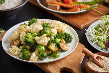 Healthy Organic Tofu and Rice Buddha Bowl with Veggies. Poke bowl with silken tofu, rice and mixed vegetables, carrots, asparagus, tomatoes, beans . Healthy vegetarian salad bowl.