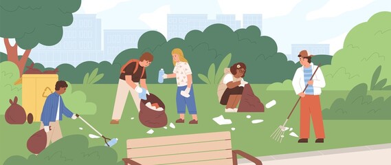 Children cleaning park from garbage. Group of kids picking and raking plastic litter and collecting it into trash bags. Team of eco volunteers during environment cleanup. Flat vector illustration © Good Studio