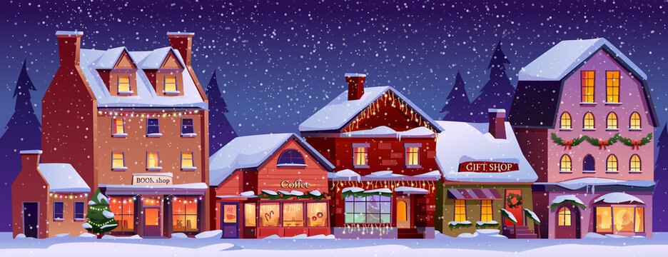 Christmas landscape street with decorated houses at night time, snowfall, snowy weather. Vector Xmas home buildings with chimneys, snow on ground, cafes and shops, urban city exterior
