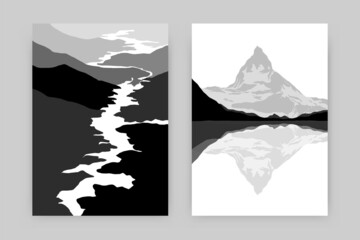 Mountain landscape art print set. Monochrome posters of nature scenes, minimal contemporary wall decor. Vector illustration
