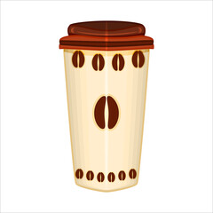 Coffee cup isolated on white background. Plastic cup with hot coffee. Takeaway coffee paper cup icon. Disposable mug for fastfood shop. Food and hot drink. Thermo mug. Stock vector illustration