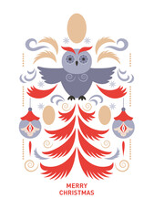 Christmas Greeting card design . Owl and Christmas tree and decor elements on white background. Poster. Happy New Year. Merry Christmas. Seasons Greetings.