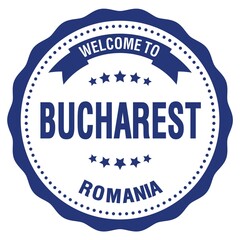 WELCOME TO BUCHAREST - ROMANIA, words written on blue stamp