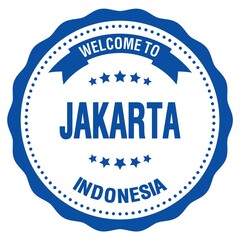 WELCOME TO JAKARTA - INDONESIA, words written on blue stamp