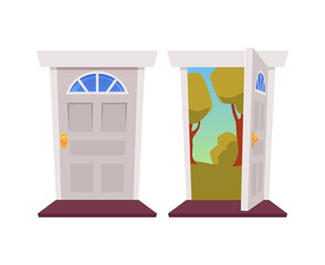 Opened and closed white cartoon doors in flat vector illustration isolated