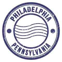 PHILADELPHIA - PENNSYLVANIA, words written on blue postal stamp