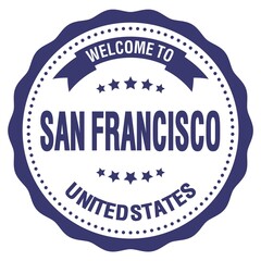 WELCOME TO SAN FRANCISCO - UNITED STATES, words written on blue stamp