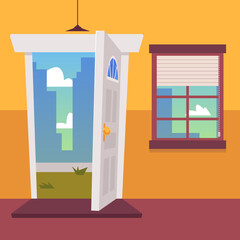 Cartoon flat vector illustration of open door and window on orange wall.