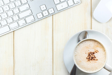 Computer Keyboard Mouse on Office Desk Wood Table Top View with Copy Space.