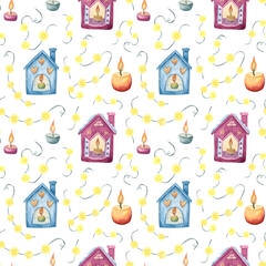 Seamless pattern with garland, candles and candlestick houses. For the holiday. For wrapping paper, gift bags and festive decor. Watercolor illustration.