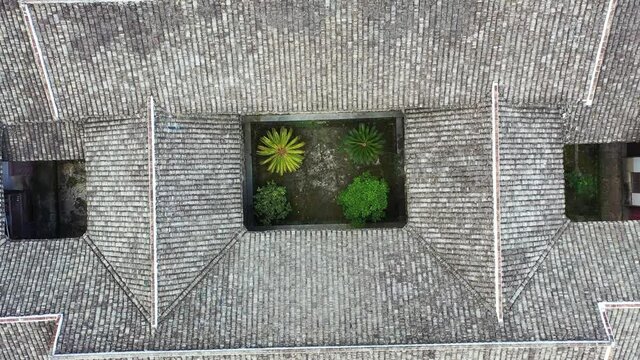 Top view of Chinese traditional fenced houses. View from far to closed. 