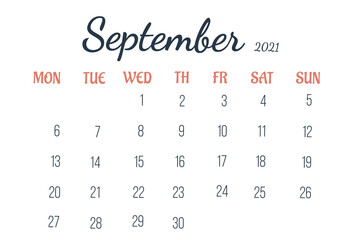Month is September 2021. Page of full month of calendar on white isolated background. Concept of calendar date.