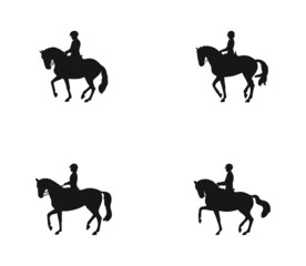 Black silhouettes of dressage horse doing piaffe in different ways
