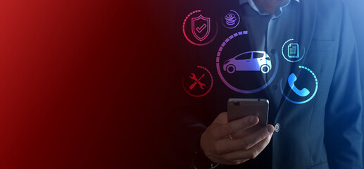 Digital composite of Man holding car icon.Car automobile insurance and car services concept. Businessman with offering gesture and icon of car