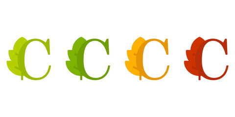 Otoño. Caída de la hoja. Logotipo letra inicial C con forma de hoja de árbol en color verde, naranja y rojo
