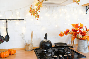 Autumn cozy home still life. Pumpkins on the kitchen table. Flat lay, thanksgiving