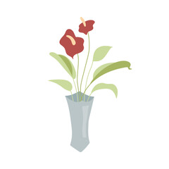 Obraz premium Vector hand drawn illustration whith cute blue floral vase and home plant