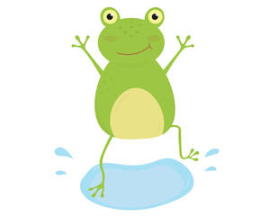 Cute cartoon frog jumping into the puddle