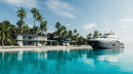 Luxurious villa with palm trees and yacht. Private house on the island. Luxury yacht on the island background with villa. 3d illustration - obrazy, fototapety, plakaty