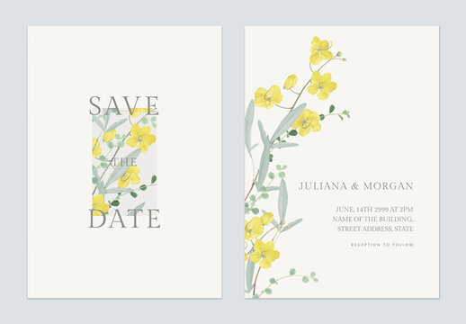 Floral Wedding Invitation Card Template Golden Shower Flowers  And Leaves On Bright Yellow