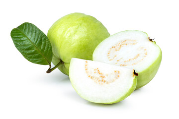 Guava fruit with green leaf and cut in half sliced isolated on white background.