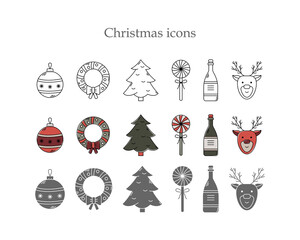 Vector set of Christmas icons in three styles. Line art, simple style and color outline.