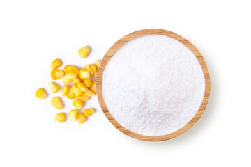 Corn starch in wooden bowl and fresh sweet corn isolated on white background. 