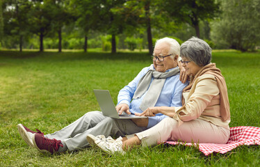 Happy married senior couple using laptop computer together. Cheerful old grandparents sitting on picnic blanket on green park lawn, looking at laptop screen, video calling family or shopping online