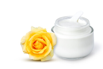 Rose cream in glass jar isolated on white