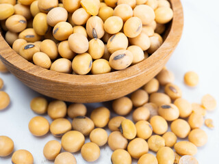 Close up shoot of soybeans on a wooden cup