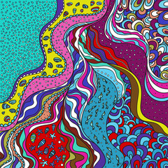 Multicolored pattern with lines and waves. Universal sea texture. Dinamic nautical background. Line art creation. Zen art. Decorative style. Zentangle. Coloring book