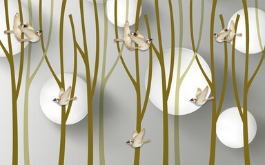 3d illustration, white balls on a gray background, tall abstract plants and flying ceramic birds