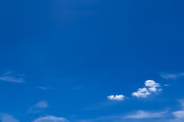 Background of wide fresh blue sky with small white fluffy clouds. Image of meteorology presentation or inspiration concept. Copy space for summer theme photos.