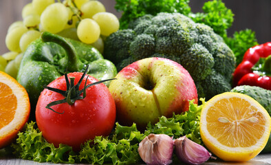 Composition with fresh organic vegetables and fruits