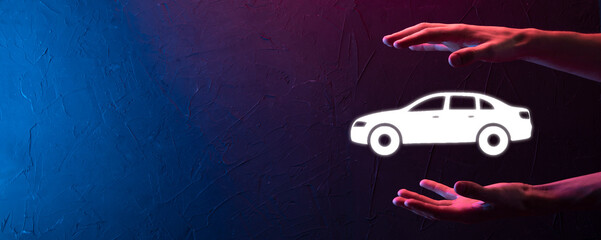Male hand holding car auto icon on blue background. Wide banner composition.Car automobile insurance and collision damage waiver concepts.Neon banner with copy space,space for text