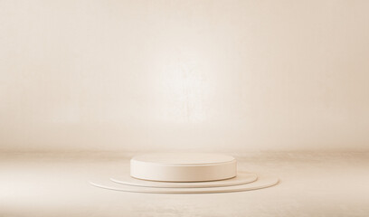 Minimal scene with podium and abstract background. Pastel cream and beige scene. Trendy 3d render for social media banners, promotion, cosmetic product show. Geometric shapes interior.
