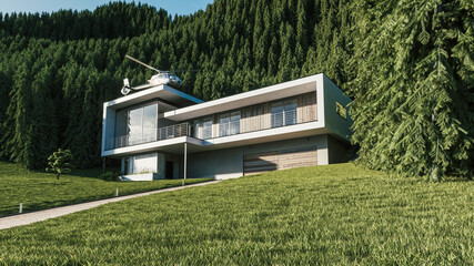 Home exterior with forest. Luxury house in forest. Private helicopter on the roof of house. Modern house in a mountain forest. 3d illustration © Steamaze