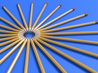 Pencils in the shape of a circle on a blue background. 3d illustration
