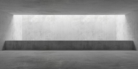 Abstract empty, modern concrete room with balcony and indirect lighting from top and rough floor - industrial interior background template