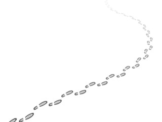 Naklejka premium Walking away footsteps. Footpath perspective. Shoe prints steps way. Path tracking line. Going route pattern. Hiking itinerary. Silhouette feet imprints. Receding trail. Vector concept