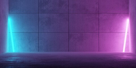 Modern futuristic abstract concrete room with blue and pink neon glowing lights on concrete plate background with rough floor