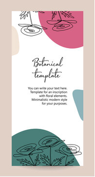 Minimalist invitation card template design, floral black line art ink drawing on ligt background. Black contour and colored geometric shapes.