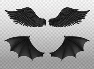 Realistic black wings. Pair of dark feathers raven and bat wings, crow bird parts, isolated demon elements, fly animals paired objects. Spiritual evil symbols vector 3d set