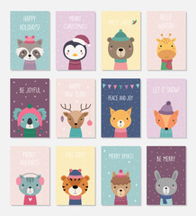 12 postcards with Christmas animals. Happy New Year. Merry Christmas. Cute animals in hats and scarves. Vector illustration.