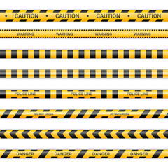Police lines and don't cross ribbons. Caution and danger tapes in yellow and black color. Warning signs collection isolated on white background. Vector illustration